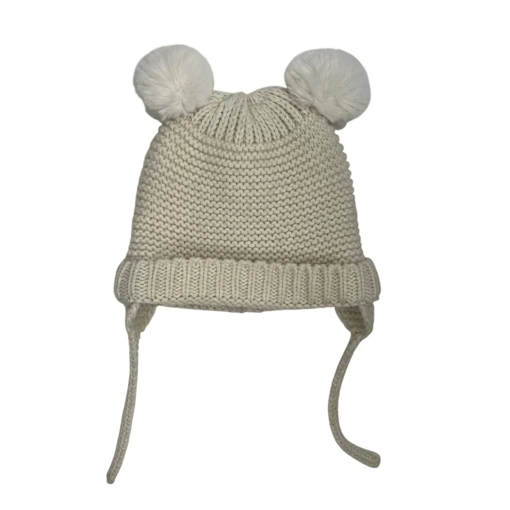 Zara Baby Bear Ear Knit Hat‎ Cream White Pom Pom Winter Toddler